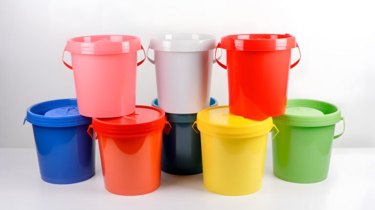 Kolorowe wiadra spożywcze z pokrywką na białym tle.
